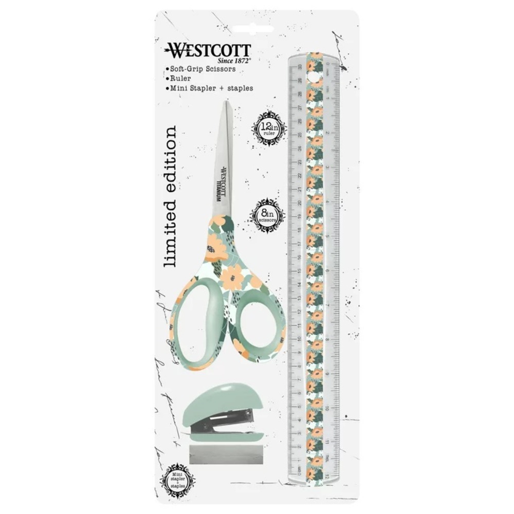 🎁 New Westcott Fashion Desk Set Sidekick, Scissors, Ruler and Mini Stapler